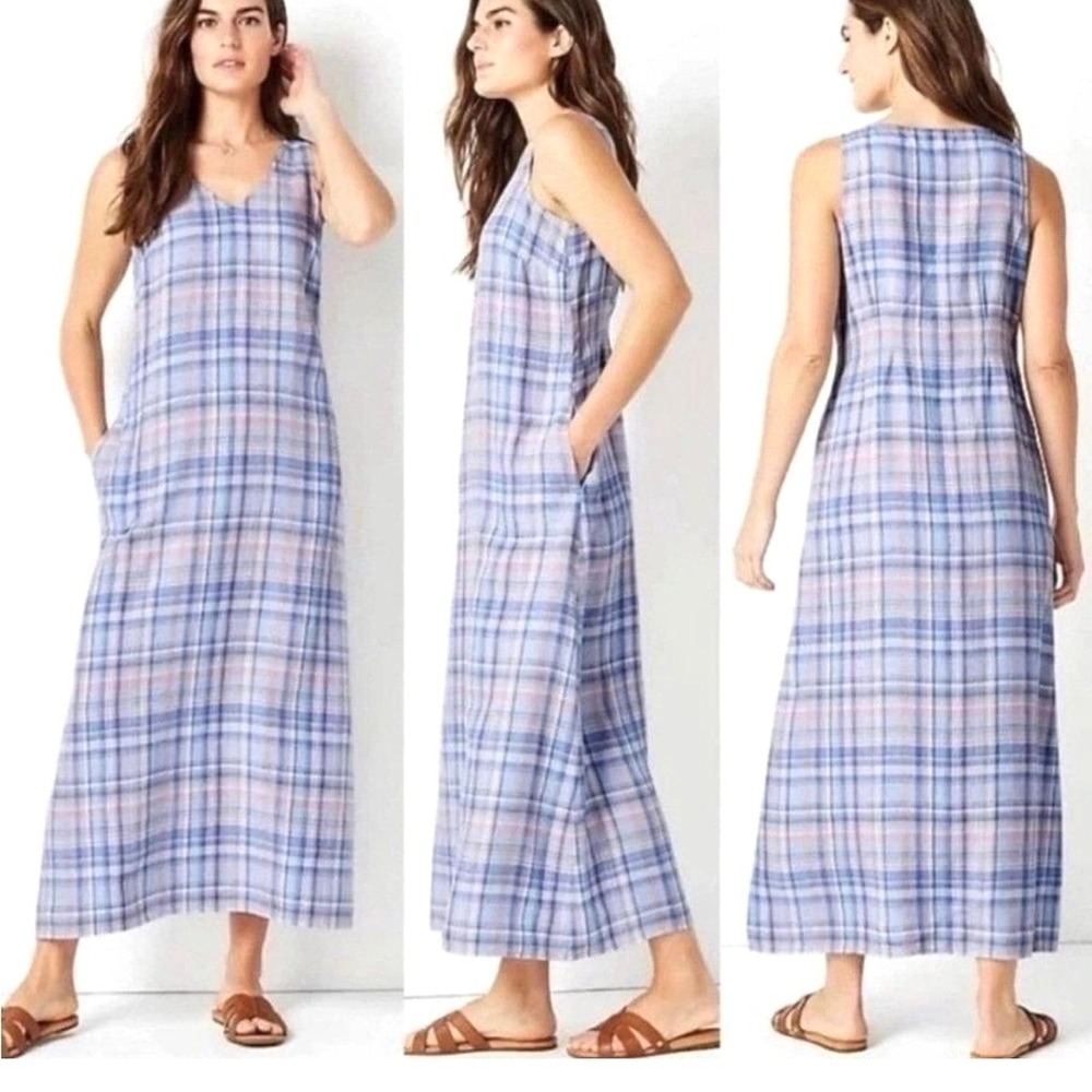 J. Jill Love Linen Plaid Maxi Dress Blue Pink Sleeveless V-Neck Pockets Large P